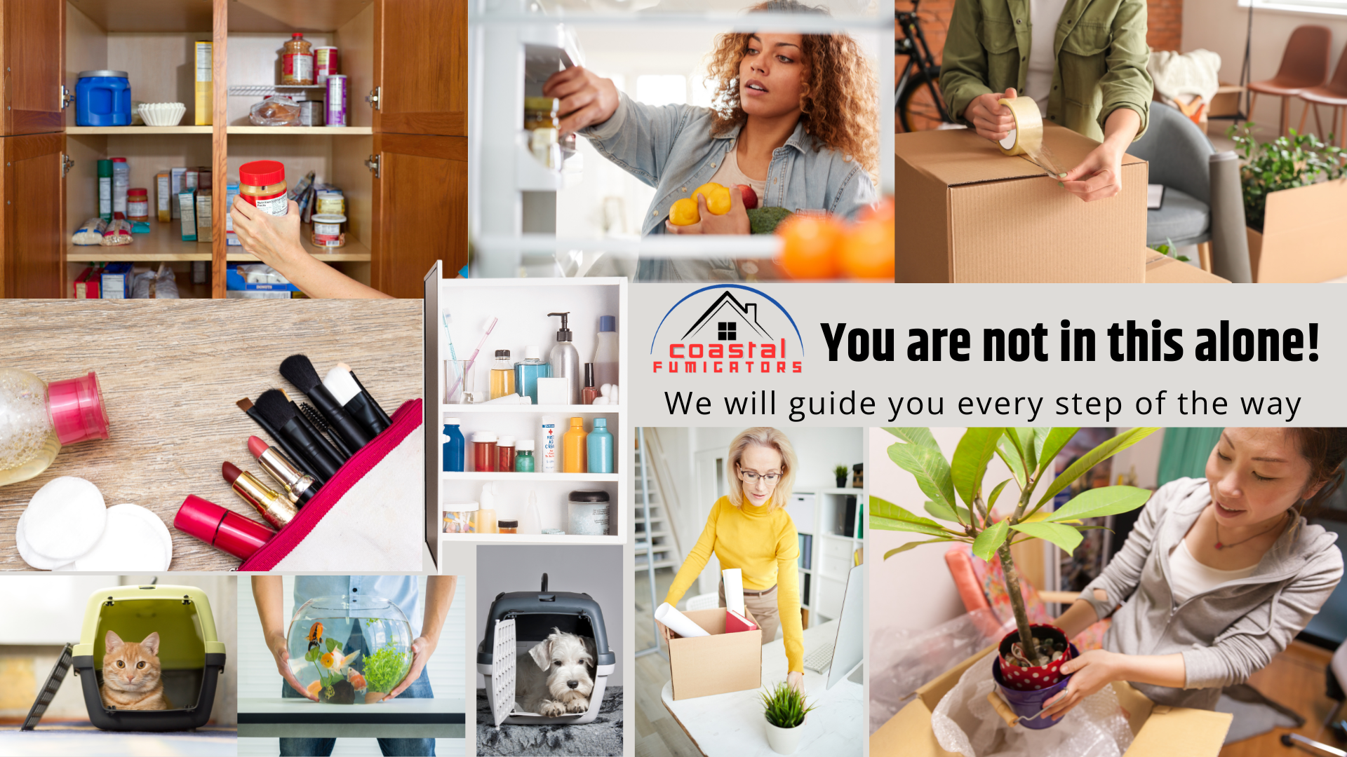 A collage of images show all the things you must remove when you have your home fumigated for drywood termites or powderpost beetles. They include makeup, food, pets, plants, etc.