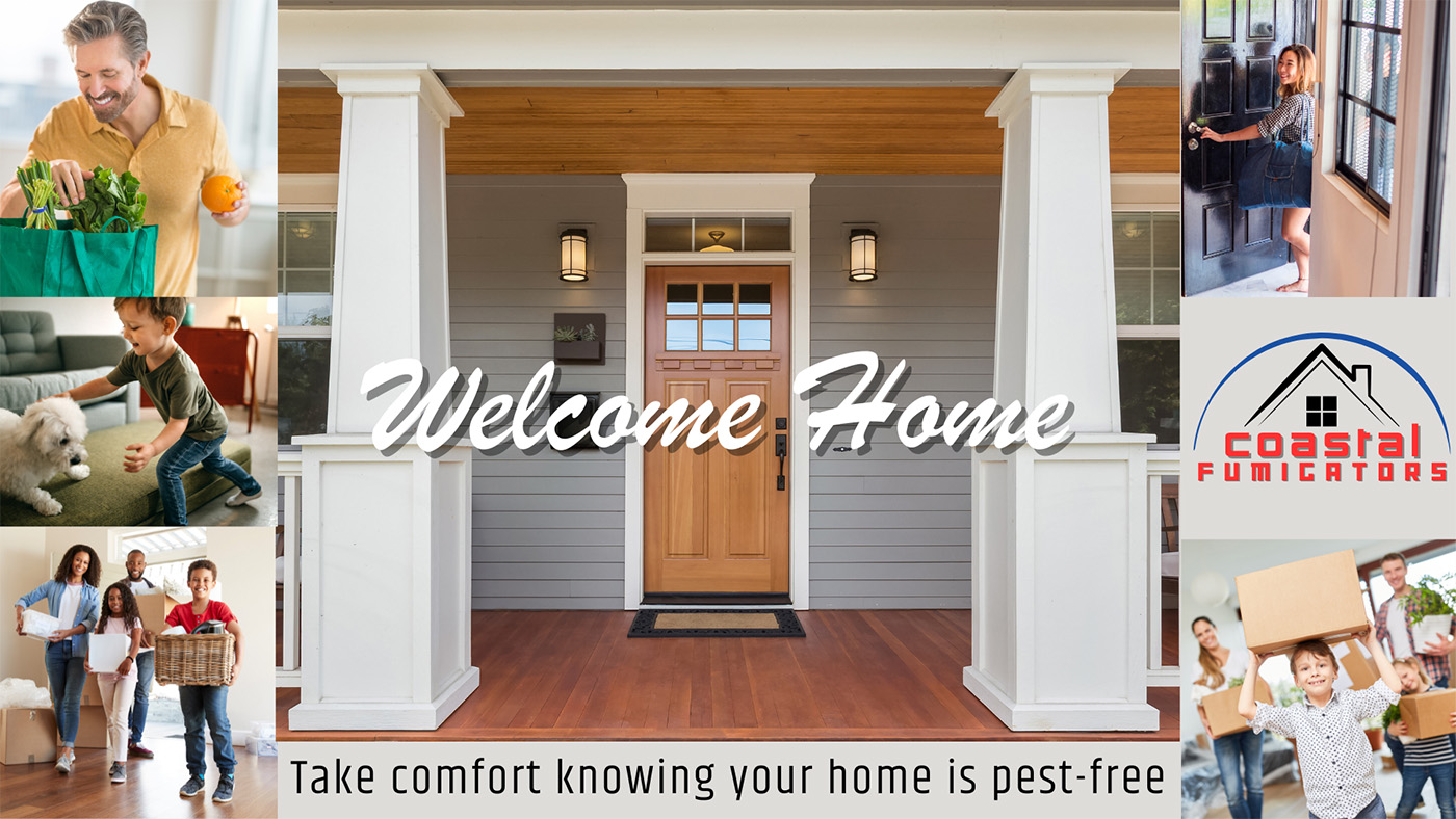 A collage of photos showing people moving boxes into a home. The words "Welcome Home" are overlaid on top of the collage.