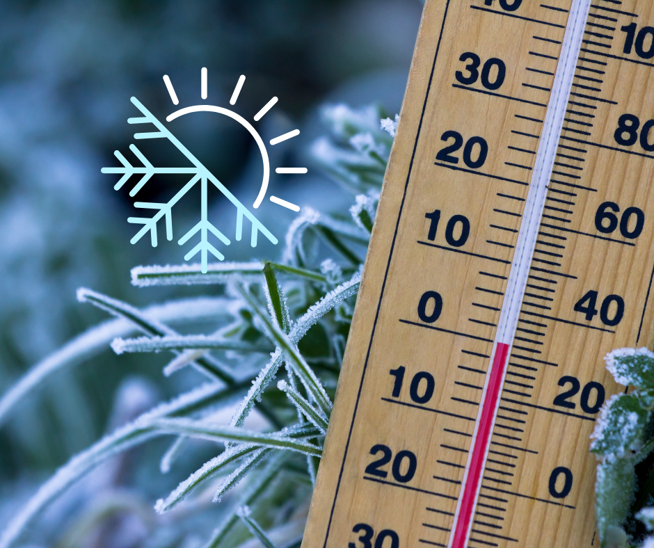 Thermometer in grass with frost on it reflecting cold temps